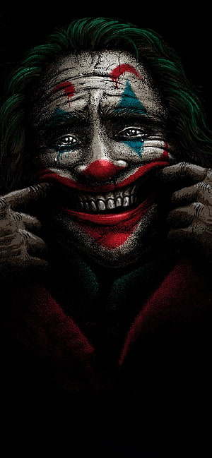 Joker Clown Face Portrait with Green Hair and Red Smile in Dark Illustration Style HD phone wallpaper