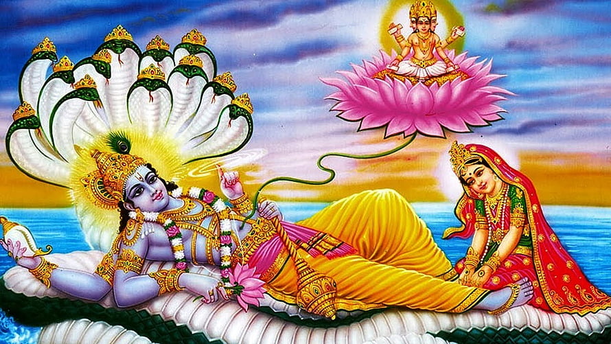 Lord Vishnu Reclining on Shesha Naga with Goddess Lakshmi and Brahma on Lotus HD wallpaper