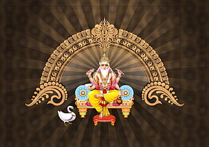 Vishwakarma Deity Seated on Ornate Throne with Swan and Golden Arch HD wallpaper