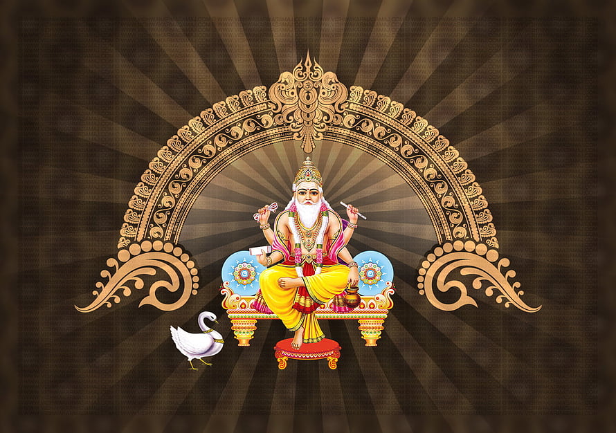 Vishwakarma Deity Seated on Ornate Throne with Swan and Golden Arch HD wallpaper