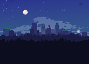 Minneapolis City Skyline at Night with Full Moon and Starry Sky HD wallpaper