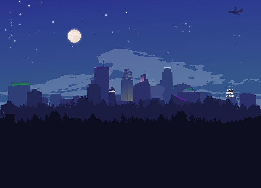 Minneapolis City Skyline at Night with Full Moon and Starry Sky HD wallpaper