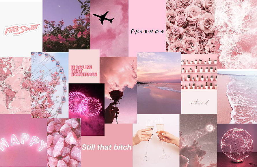 Pink Aesthetic Collage Featuring Roses, Fireworks, and Inspirational Quotes HD wallpaper