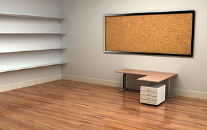 Modern Minimalist Office Interior With Cork Board And Corner Desk HD wallpaper