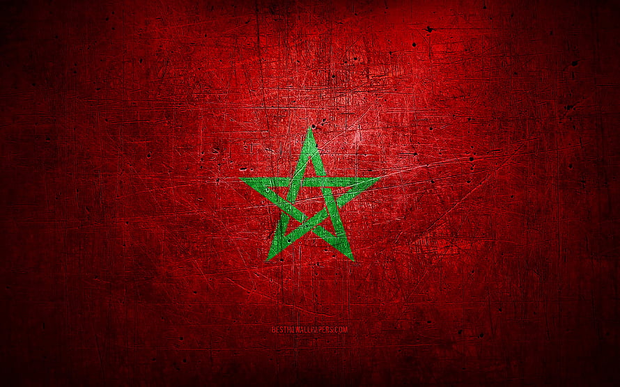 Grunge Textured Morocco Flag with Green Pentagram on Distressed Red Metal Surface HD wallpaper