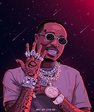 Quavo Hip Hop Portrait Illustration with Diamond Jewelry and Neon Space Background HD phone wallpaper
