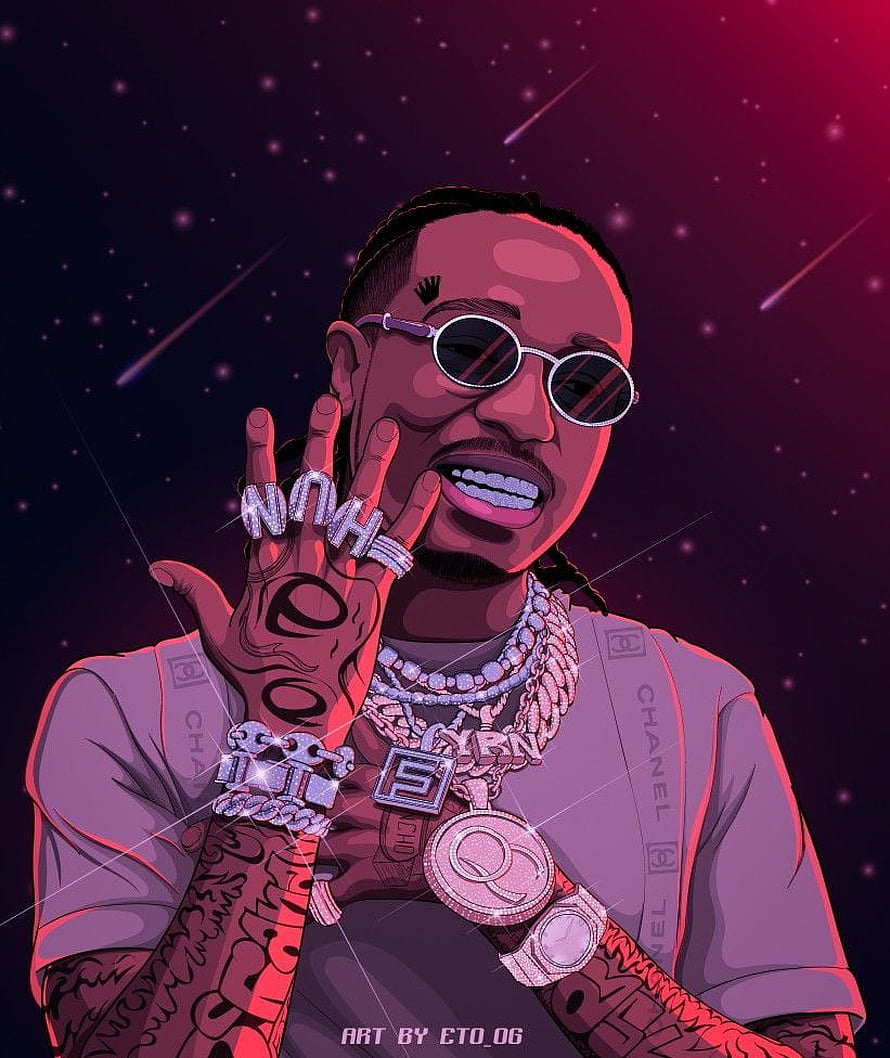 Quavo Hip Hop Portrait Illustration with Diamond Jewelry and Neon Space Background HD phone wallpaper