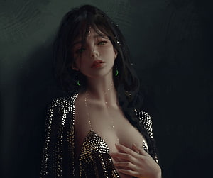WLOP Dark Fantasy Portrait of a Woman in a Sequined Gown with Green Eyes, Princess, wlop, art, dark, fantasy HD wallpaper