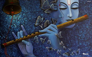 Lord Krishna Playing Flute with Butterflies and Temple Bell in Blue Art HD wallpaper