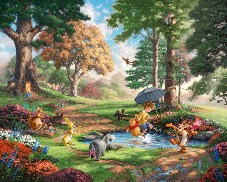 Winnie the Pooh and Friends Splashing in a Sunny Hundred Acre Wood Stream HD wallpaper