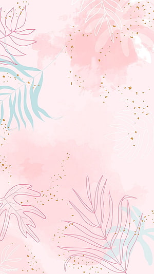 Pastel Pink Watercolor Tropical Leaves with Gold Speckles and Mint Accents HD phone wallpaper