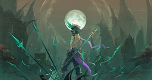 Xiao from Genshin Impact Standing in a Misty Mountain Landscape Under a Full Moon HD wallpaper