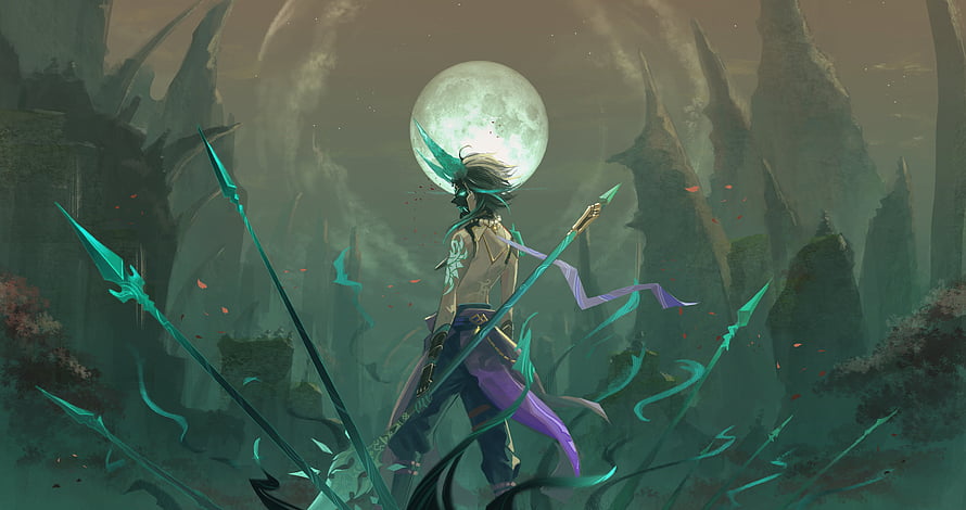 Xiao from Genshin Impact Standing in a Misty Mountain Landscape Under a Full Moon HD wallpaper
