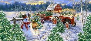 Festive Christmas Tree Farm Scene With Vintage Tractor, Snowman, and Red Barn in Winter Landscape HD wallpaper