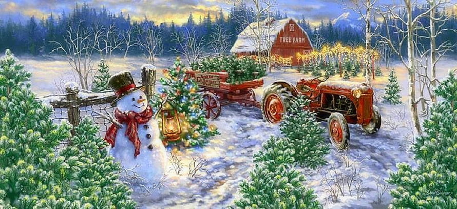 Festive Christmas Tree Farm Scene With Vintage Tractor, Snowman, and Red Barn in Winter Landscape HD wallpaper