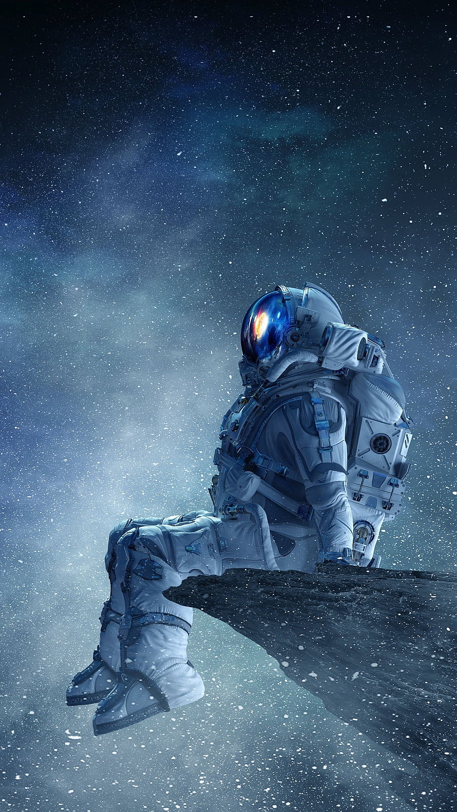Astronaut Seated on Asteroid Edge Against Starry Nebula Background HD phone wallpaper
