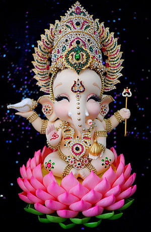 Adorned Baby Ganesha Sitting on a Pink Lotus with Jeweled Crown and Gold Ornaments HD phone wallpaper
