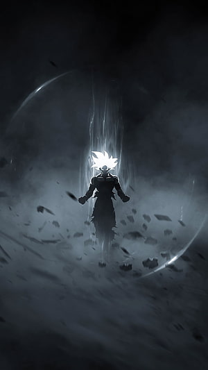 Goku in Super Saiyan form with glowing aura and energy sphere in dark monochrome anime style HD phone wallpaper