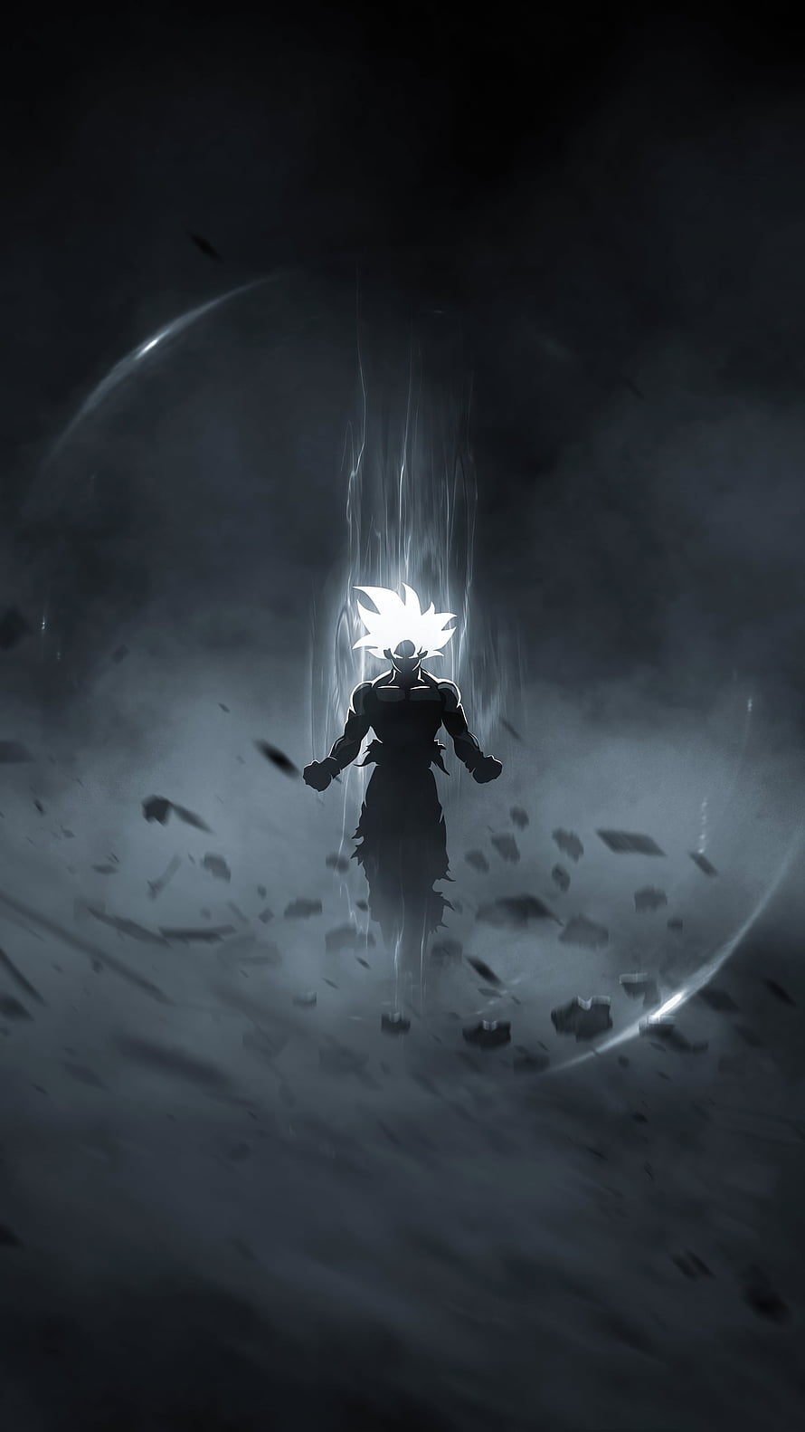 Goku in Super Saiyan form with glowing aura and energy sphere in dark monochrome anime style HD phone wallpaper