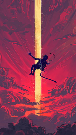 Silhouette of a Scuba Diver Floating in a Crimson Underwater Canyon with a Vertical Beam of Light HD phone wallpaper
