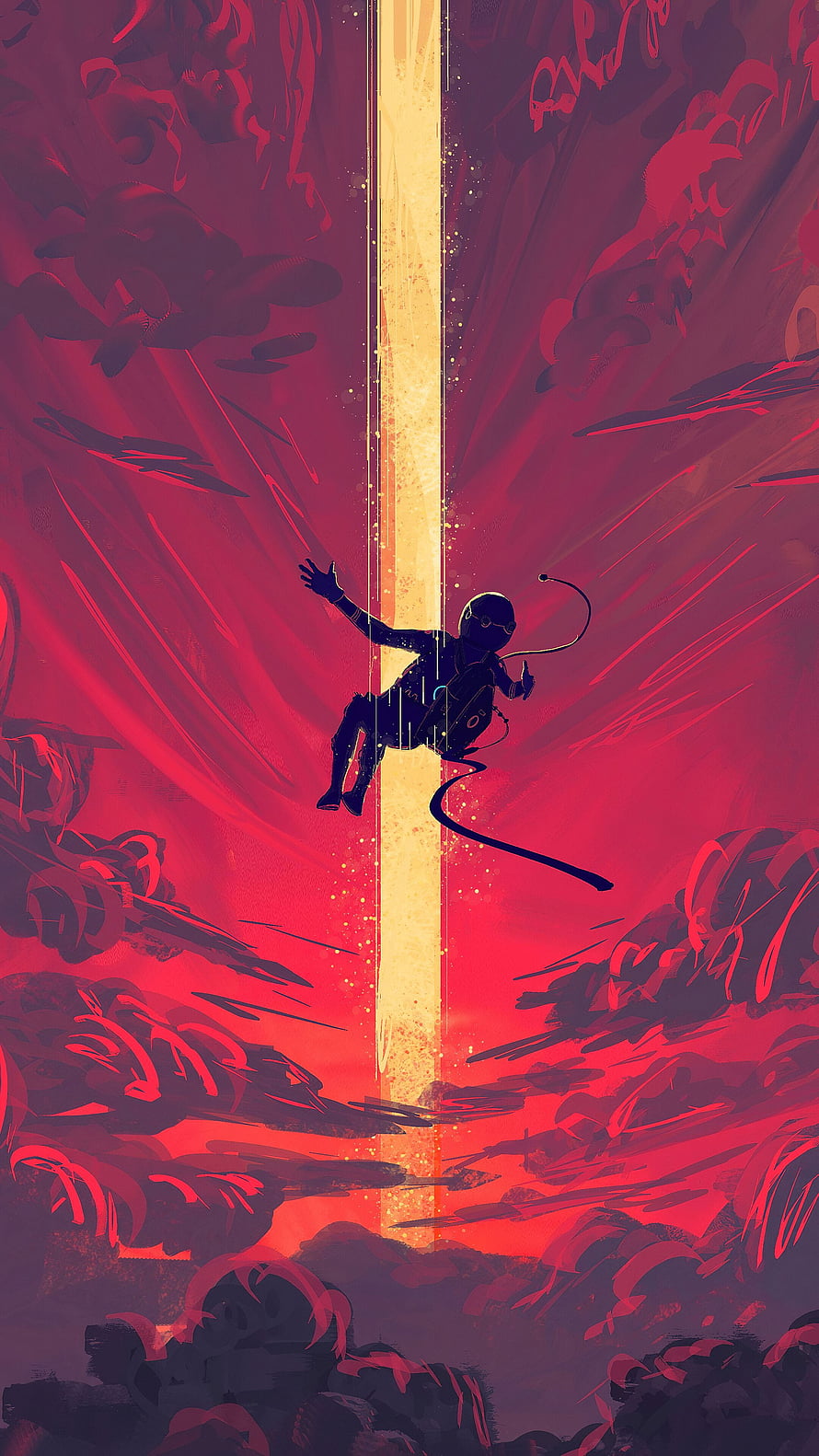 Silhouette of a Scuba Diver Floating in a Crimson Underwater Canyon with a Vertical Beam of Light HD phone wallpaper