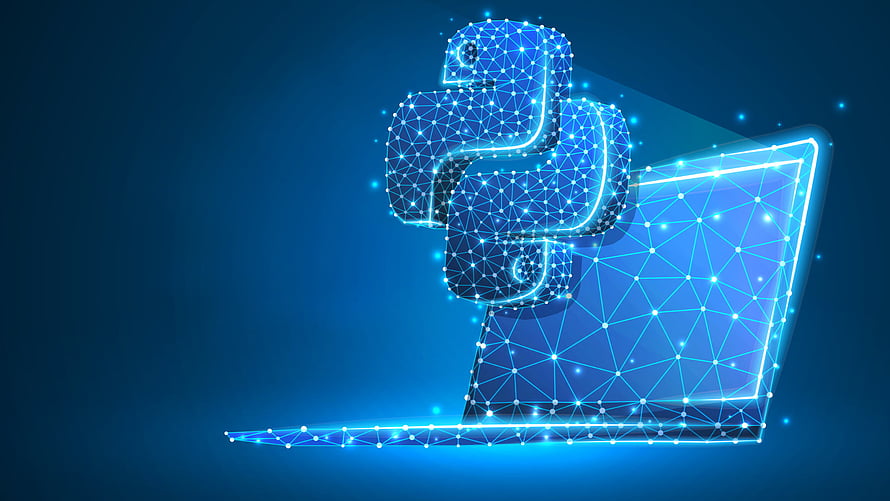 Glowing Python Programming Logo on Laptop with Digital Network Mesh HD wallpaper
