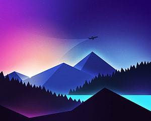 Minimalist airplane silhouette flying over geometric mountain peaks under a vibrant purple and pink gradient sky HD wallpaper