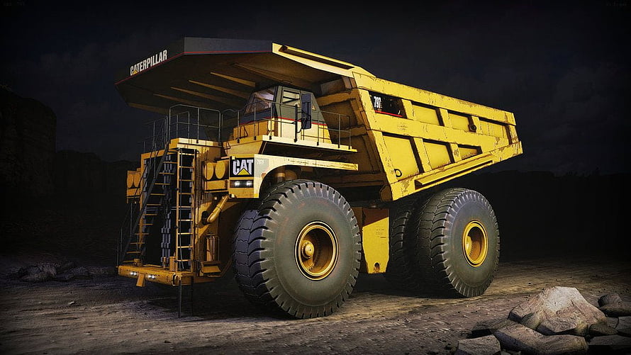 Caterpillar 797 Mining Truck at Night in Dark Quarry Setting HD wallpaper