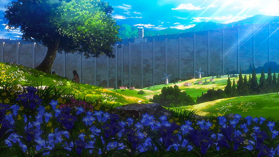 Attack on Titan Wall Maria Scenic Countryside with Windmills and Wildflowers HD wallpaper