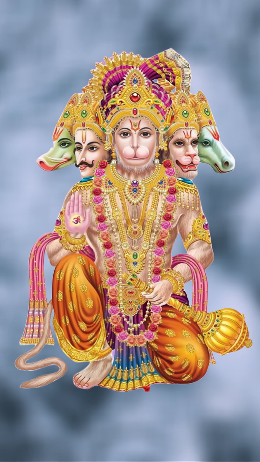 Panchmukhi Hanuman with Shiva and Ram in ornate golden attire HD phone wallpaper