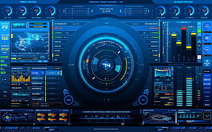 Futuristic Sci-Fi Spaceship Cockpit Dashboard Interface with Blue Holographic HUD Elements HD wallpaper