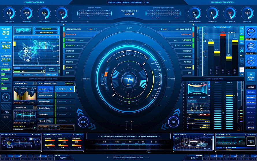 Futuristic Sci-Fi Spaceship Cockpit Dashboard Interface with Blue Holographic HUD Elements HD wallpaper