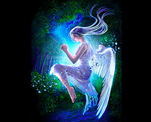 Serene Angel in White Dress with Glowing Wings in a Magical Forest HD wallpaper