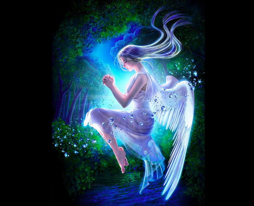 Serene Angel in White Dress with Glowing Wings in a Magical Forest HD wallpaper