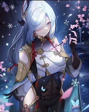 Shenhe from Genshin Impact Holding Cherry Blossom Branch Under Starlit Night Sky HD phone wallpaper