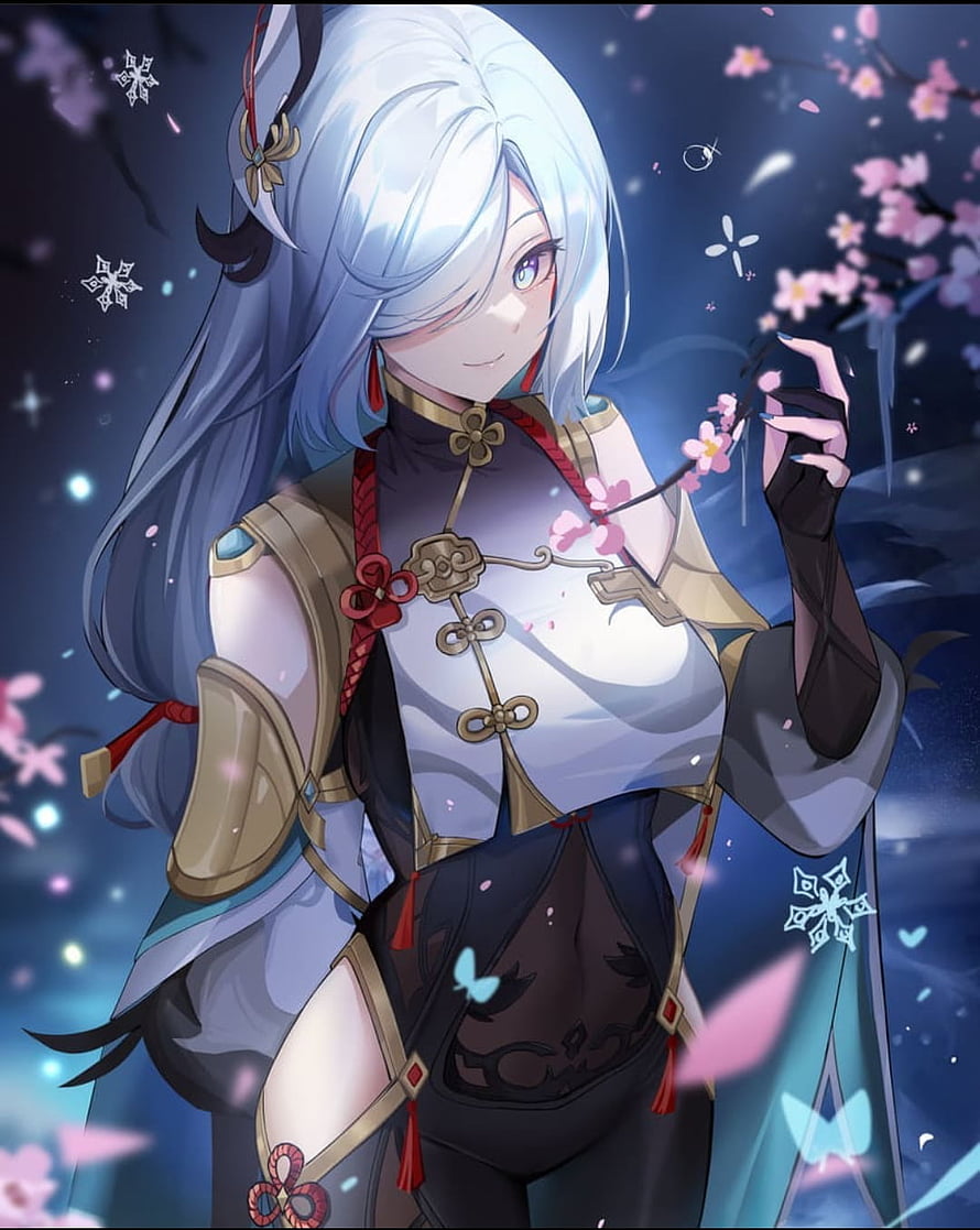 Shenhe from Genshin Impact Holding Cherry Blossom Branch Under Starlit Night Sky HD phone wallpaper