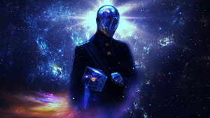 Mysterious Cosmic Figure Holding a Glowing Cube Against a Vibrant Nebula HD wallpaper