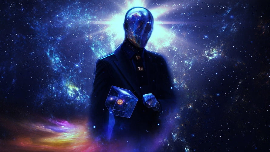 Mysterious Cosmic Figure Holding a Glowing Cube Against a Vibrant Nebula HD wallpaper