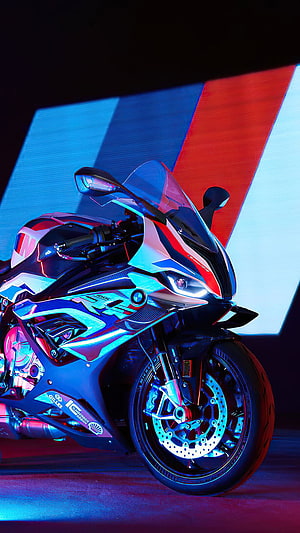 BMW M 1000 RR Superbike with Neon Lighting and Carbon Fiber Details HD phone wallpaper