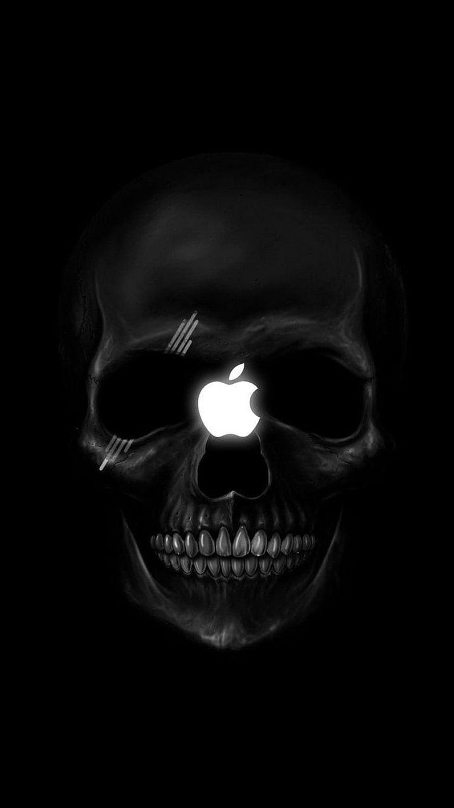 Glowing Apple Logo on Human Skull Against Black Background HD phone wallpaper