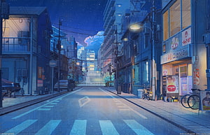 Anime Japanese Street at Night with Starry Sky and Neon Shop Signs HD wallpaper