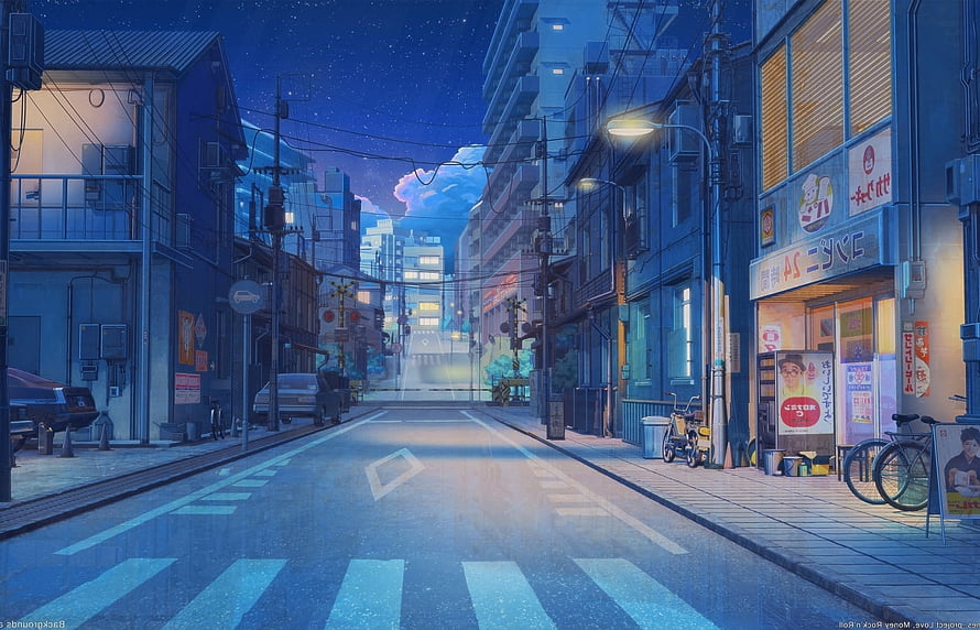 Anime Japanese Street at Night with Starry Sky and Neon Shop Signs HD wallpaper