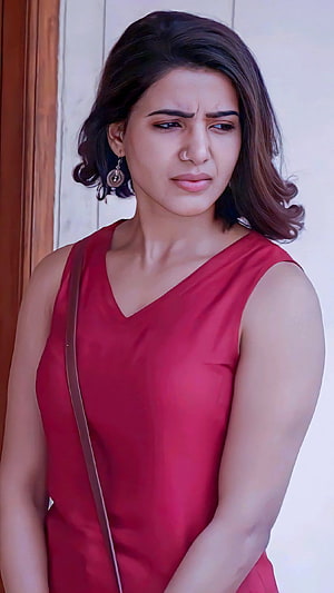Samantha Akkineni in a red sleeveless dress with a concerned expression HD phone wallpaper