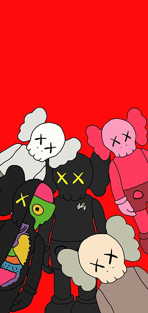 KAWS Companion Characters Group Illustration on Vibrant Red Background HD phone wallpaper