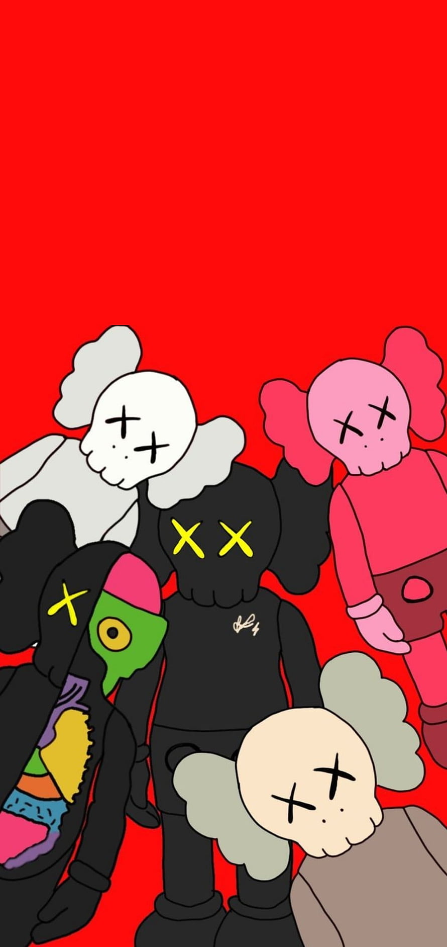 KAWS Companion Characters Group Illustration on Vibrant Red Background HD phone wallpaper