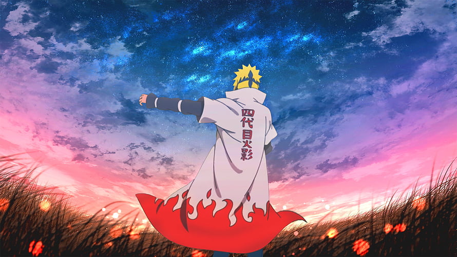 Minato Namikaze in White Hokage Robe Under a Starry Twilight Sky HD wallpaper