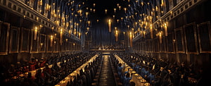 Hogwarts Great Hall Feast Scene with Floating Candles and Long Tables HD wallpaper