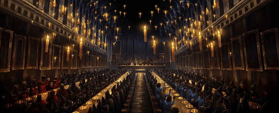 Hogwarts Great Hall Feast Scene with Floating Candles and Long Tables HD wallpaper