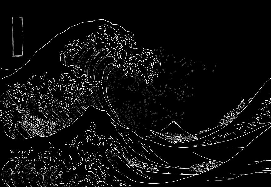 Inverted Great Wave off Kanagawa Line Art with Mount Fuji and Fishing Boats HD wallpaper