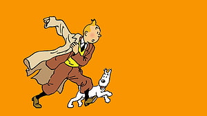 Tintin and Milou Running in Classic Cartoon Style on Orange Background HD wallpaper